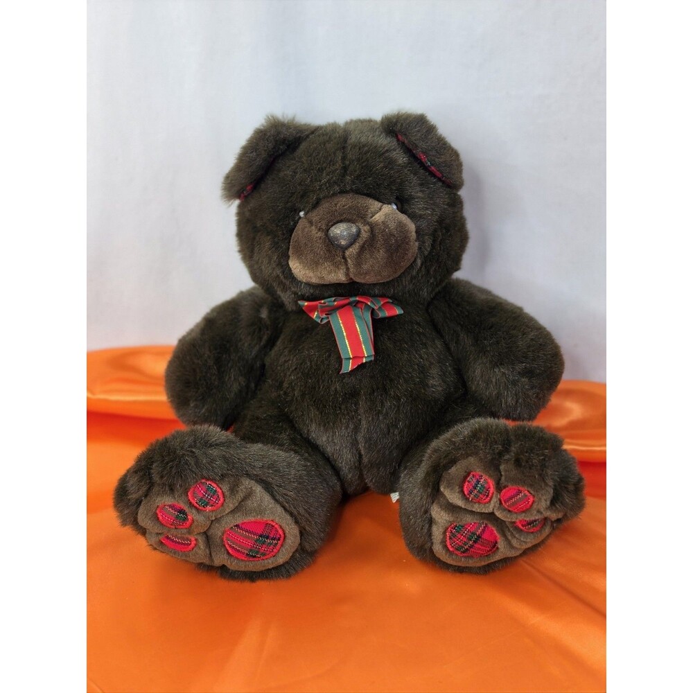 Vintage Christmas Dark Brown Teddy Bear with Plaid Paw Pads & Ribbon Bow